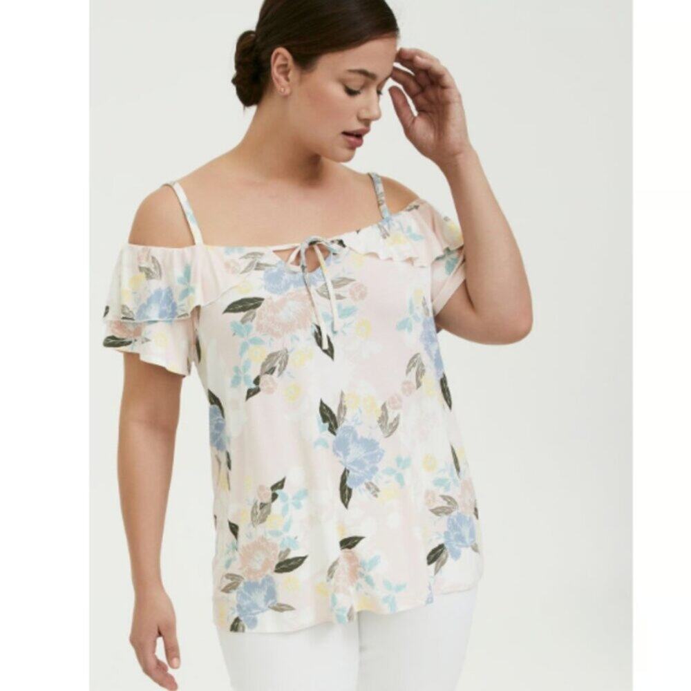 Torrid 4X Super Soft Cold Shoulder Ruffle Top Pink Blue Floral‎